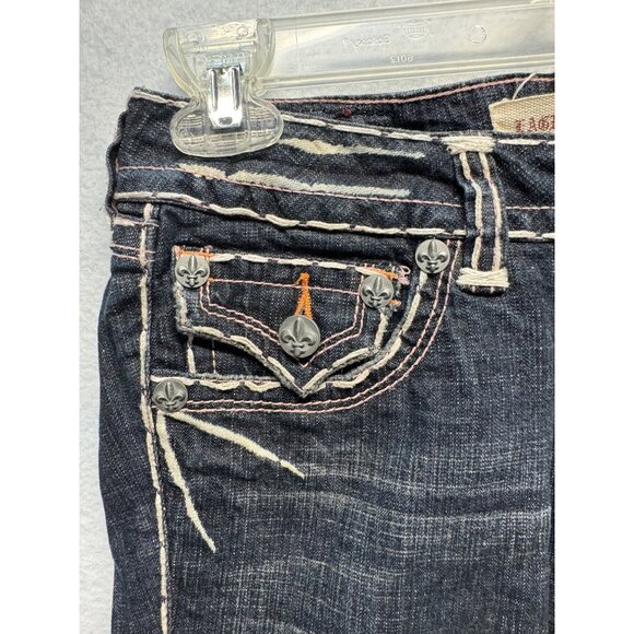 Laguna Beach Jean Co. Fleur De Lis Button Distressed Dark Wash Denim Jeans 27 - Picture 3 of 14